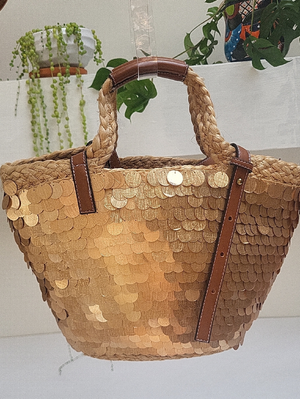 NWT Boho Jute GOLD Metallic Sequin Embellished Mini Summer Vacation Beach Tote